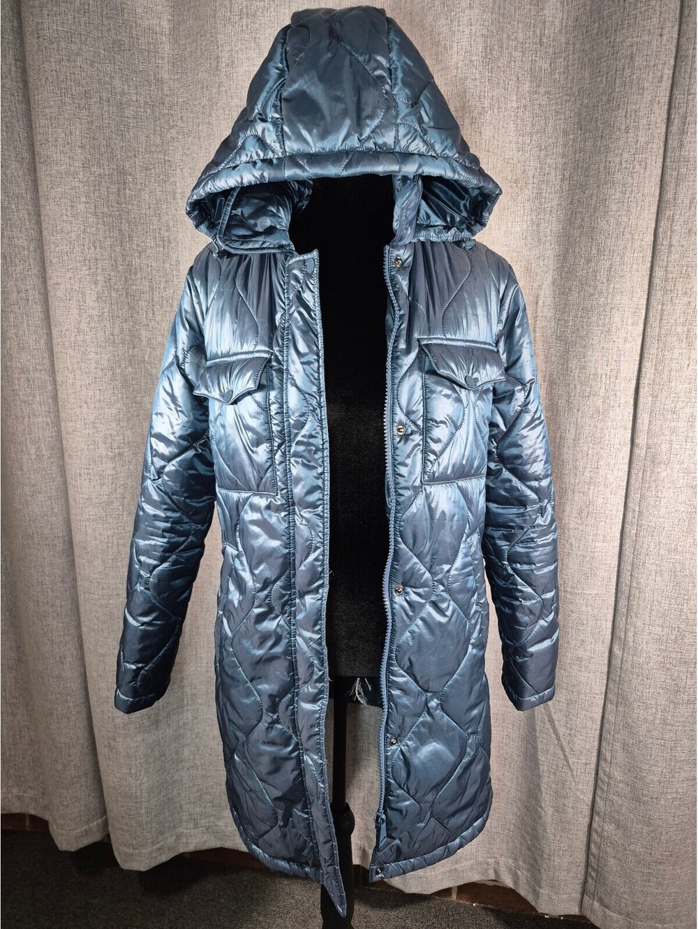 Calvin Klein Metallic Blue Quilted Hooded Puffer Coat Medium Long Winter Jacket